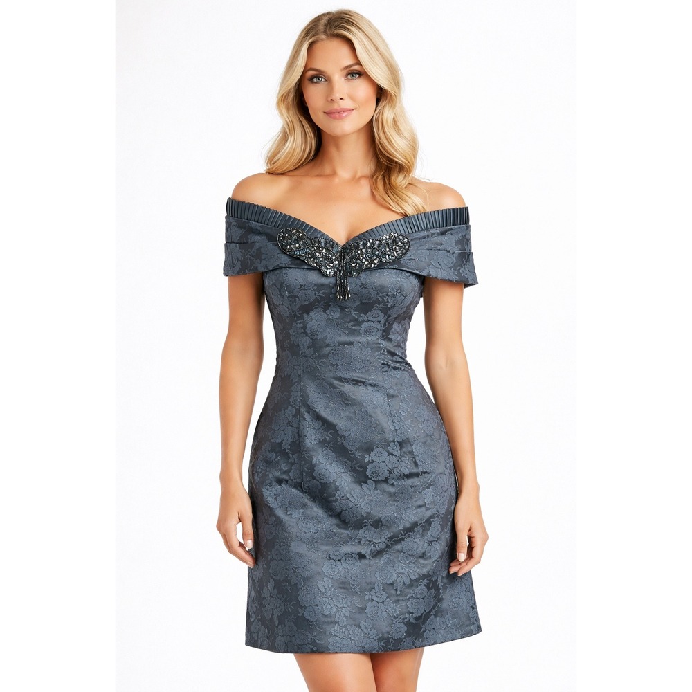 Elegant Charcoal Gray Brocade‎ Off-Shoulder Dress Beaded Detail Cocktail Small